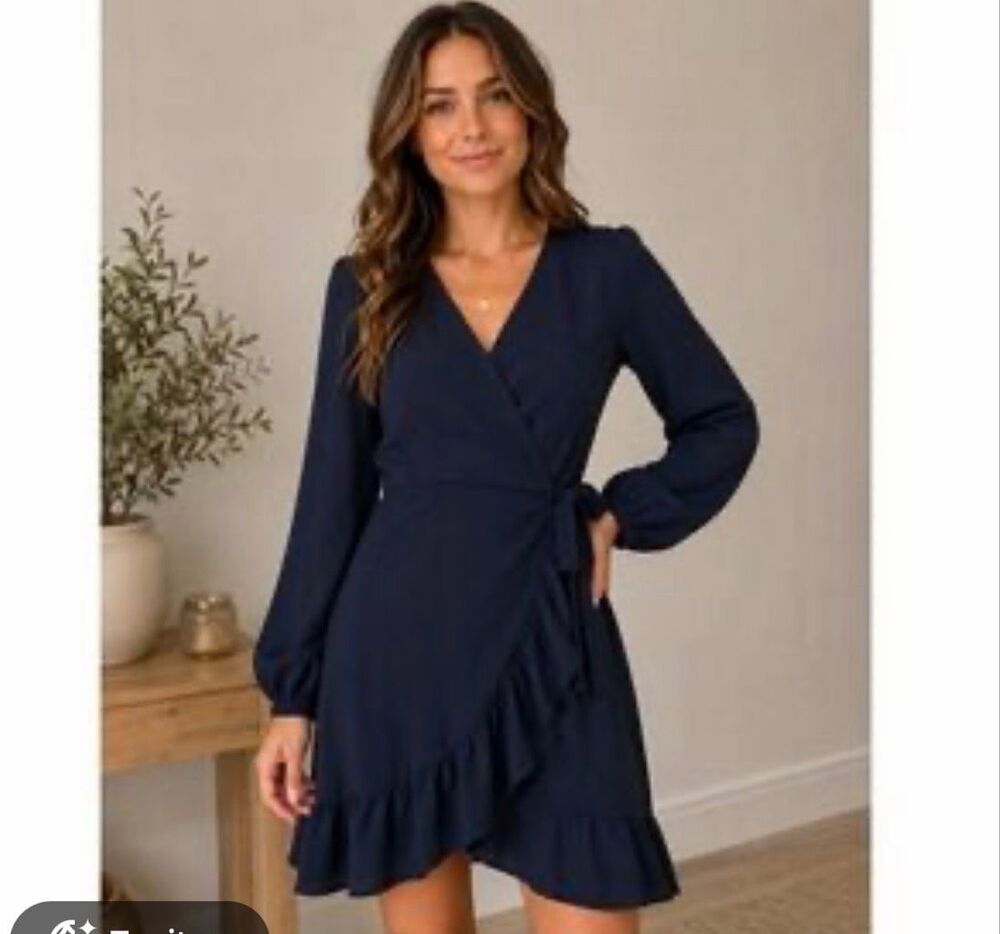 Altar'd State Navy Blue Long-Sleeve Ruffle faux Wrap Mini Dress size XS